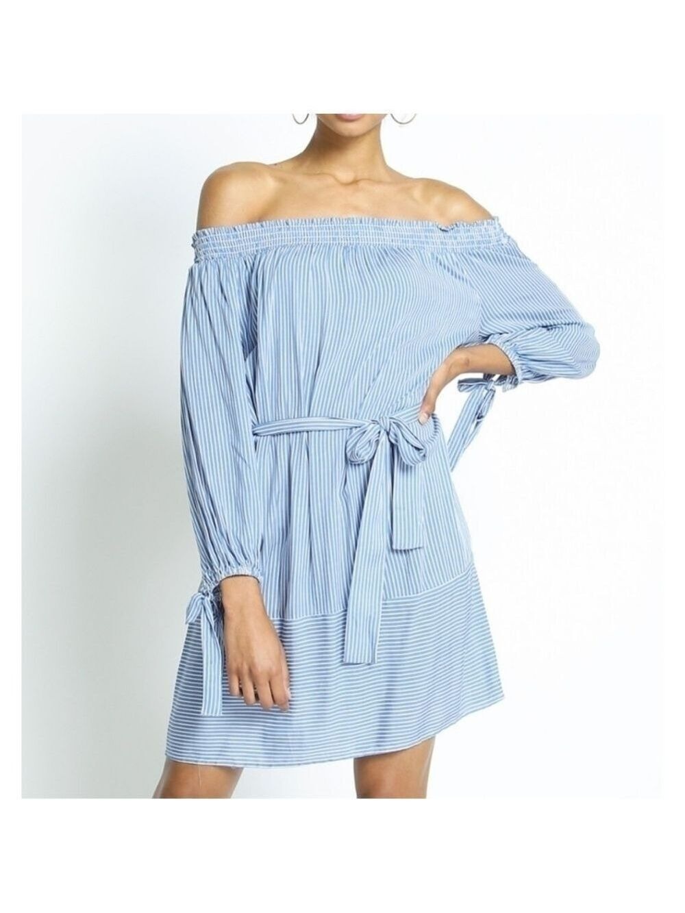 NWT Dress STRIPE OFF SHOULDER TIE WAIST DRESS blue white lightweight